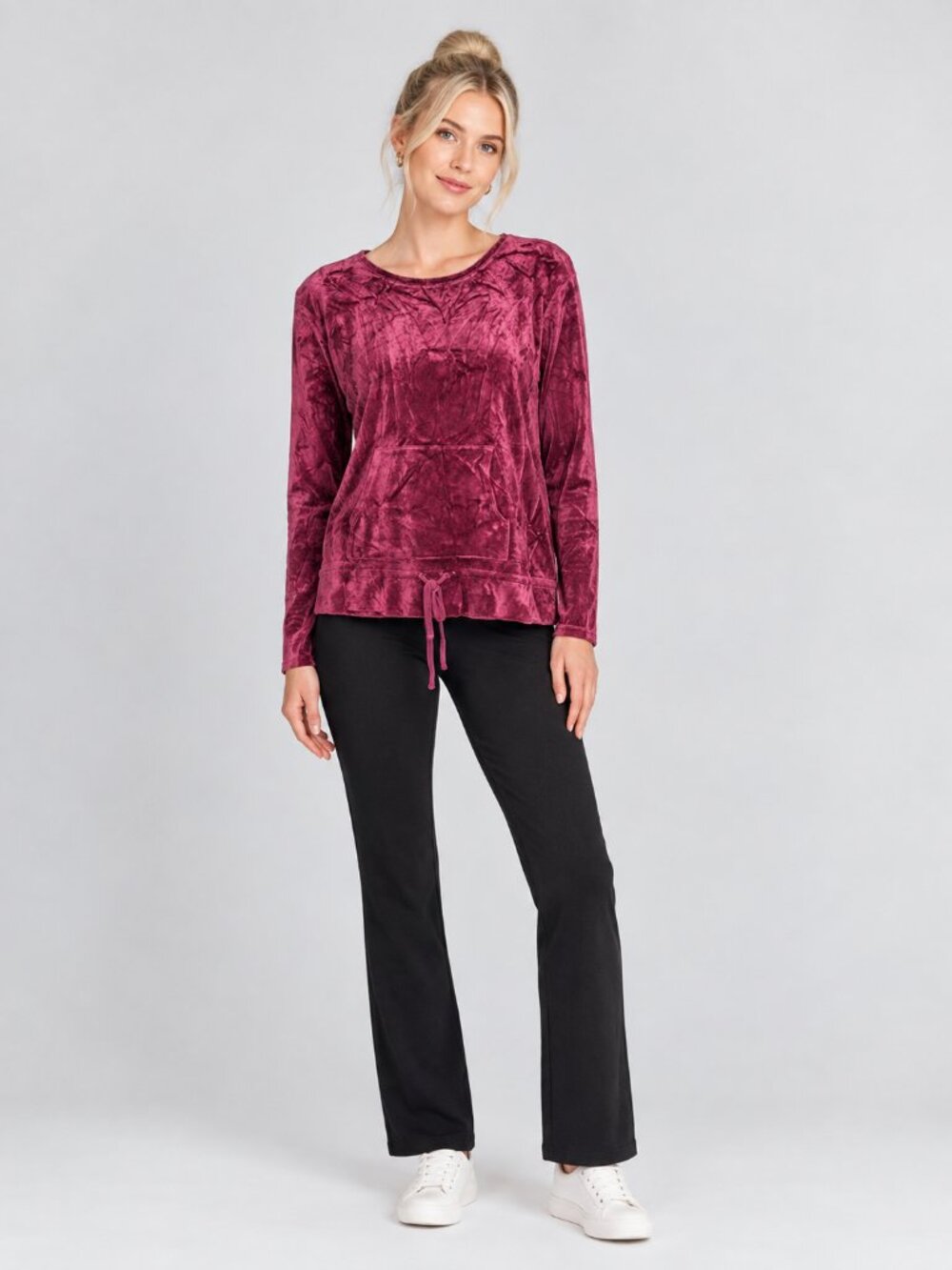 J. Jill Purejill Crushed Velvet Sweatshirt Kangaroo Pocket Burgundy #A4611